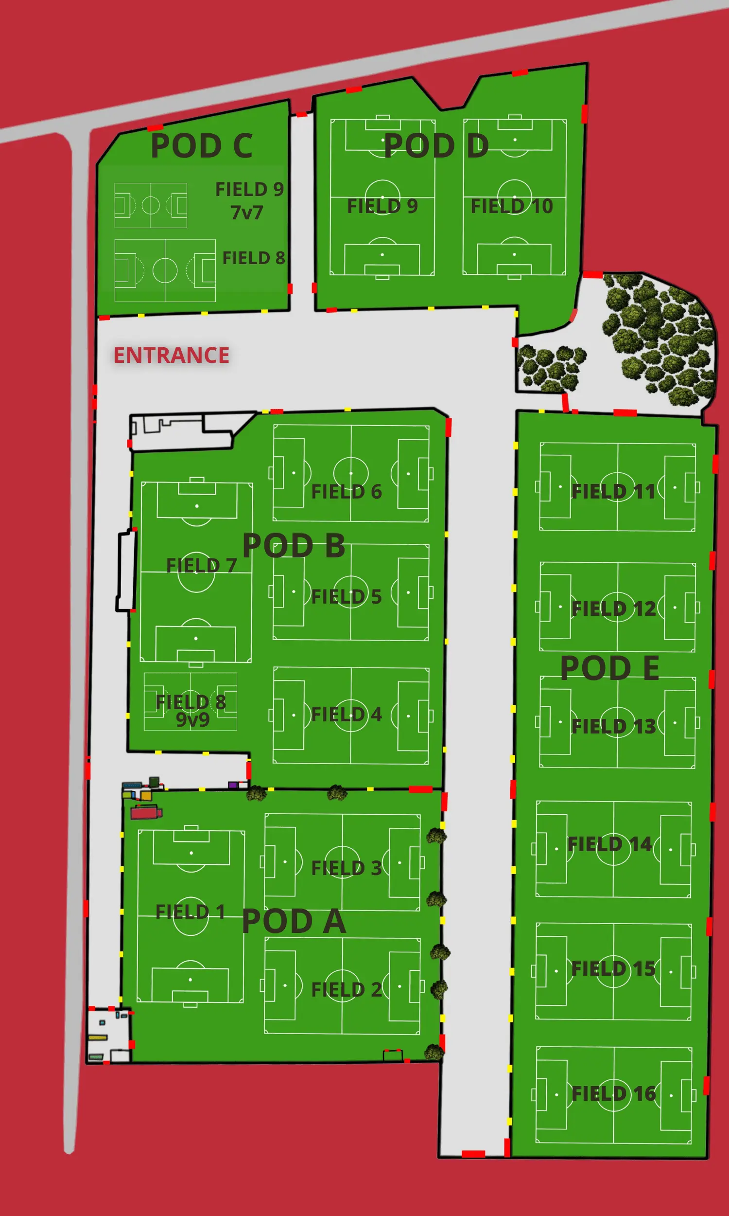 Davis Legacy Soccer Complex field layout map showing Pods A, B, C, D, and E with fields 1 through 16